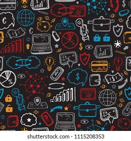 Financial and Business Seamless pattern. Vector background with Hand drawn Doodle Internet of Things, Stock market, Cloud Computing Technology Icons