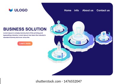 Financial and business solution, start up and protection concept. Isometric lamp, rocket, artificial intelligence, and guard on gear machine. Web template and landing page design. 