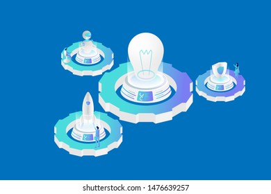 Financial and business solution, start up and protection concept. Isometric lamp, rocket, artificial intelligence, and guard on gear machine. Web template and landing page design. 