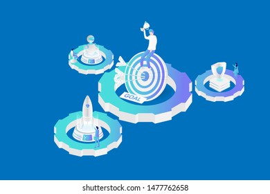 Financial and business solution, start up and protection concept. Isometric rocket, trophy, artificial intelligence, and guard on gear machine. Web template and landing page design.