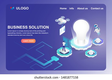 Financial and business solution, start up and protection concept. Isometric lamp, drone, artificial intelligence, and human with big data Web template and landing page design. 