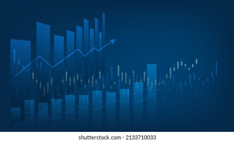 Las estadísticas de negocios financieros con gráfico de barras y gráfico de candlestick muestran el precio de mercado de valores y el ingreso efectivo en fondo azul con espacio de copia