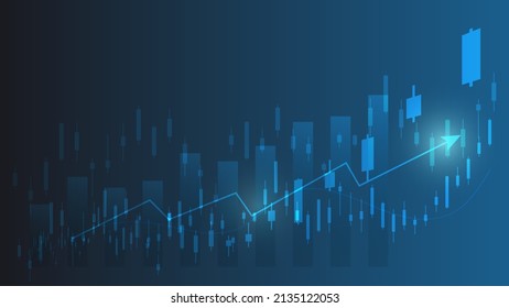 Las estadísticas de las empresas financieras con gráfico de barras y gráfico de candlestick muestran el precio del mercado de valores y el ingreso efectivo sobre fondo azul