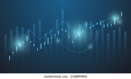 Financial business statistics with bar graph and candlestick chart show stock market price and effective earning on blue background