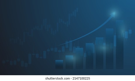 Las estadísticas de las empresas financieras con gráfico de barras y gráfico de candlestick muestran el precio del mercado de valores y el ingreso efectivo sobre fondo azul