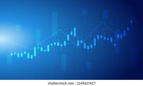 Financial business statistics with bar graph and candlestick chart with uptrend line indicator show stock market price and effective earning on blue background