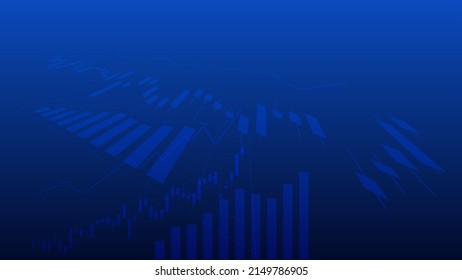 Financial business statistics with bar graph and candlestick chart with uptrend line indicator show stock market price and effective earning on blue background