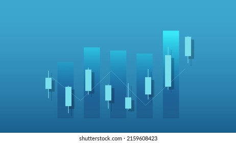 Financial business statistics with bar graph and candlestick chart show stock market price and effective earning on blue and green background