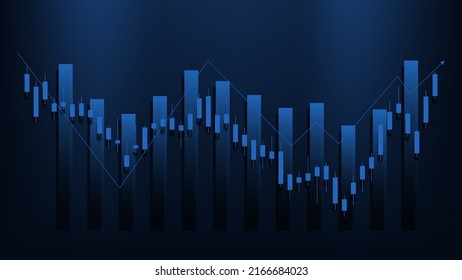 Financial business statistics with bar graph and candlestick chart with uptrend line indicator show stock market price and effective earning on blue background 