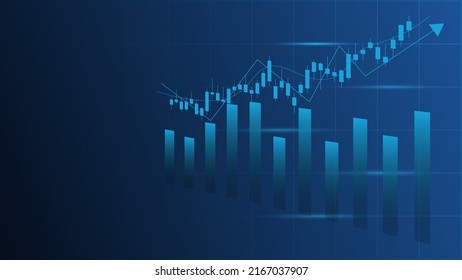 Financial business statistics with bar graph and candlestick chart with uptrend line indicator show stock market price and effective earning on blue background with copy space