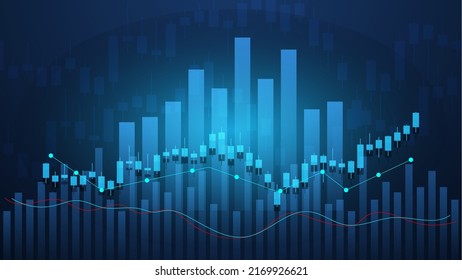 Financial business statistics with bar graph and candlestick chart with uptrend line indicator show stock market price and effective earning on blue background