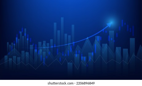 Financial business statistics with bar graph and candlestick chart show stock market price and effective earning on blue background
