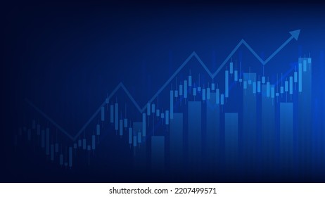 Las estadísticas de las empresas financieras con gráfico de barras y gráfico de candlestick muestran el precio del mercado de valores y el ingreso efectivo sobre fondo azul