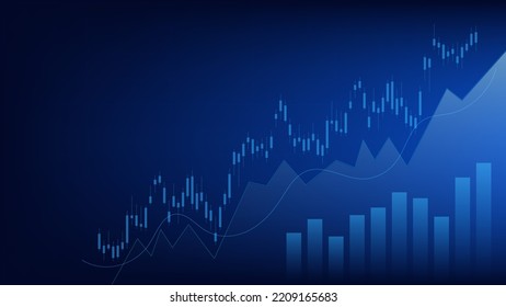 Las estadísticas de las empresas financieras con gráfico de barras y gráfico de candlestick muestran el precio del mercado de valores y el ingreso efectivo sobre fondo azul