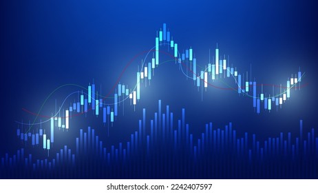 Financial business statistics with bar graph and candlestick chart show stock market price and effective earning on blue background