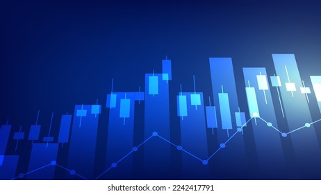 Financial business statistics with bar graph and candlestick chart show stock market price and effective earning on blue background