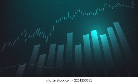 Financial business statistics with bar graph and candlestick chart show stock market price and effective earning on dark green background