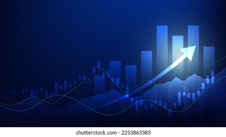 Financial business statistics with bar graph and candlestick chart show stock market price and effective earning on blue background