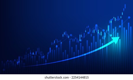 Financial business statistics with bar graph and candlestick chart show stock market price and effective earning on blue background