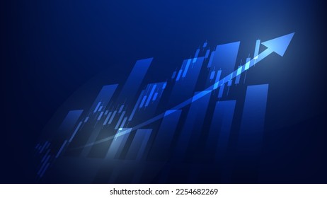 Financial business statistics with bar graph and candlestick chart show stock market price and effective earning on blue background