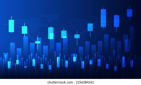 Financial business statistics with bar graph and candlestick chart show stock market price and effective earning on blue background