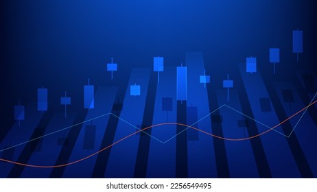 Financial business statistics with bar graph and candlestick chart show stock market price and effective earning on blue background