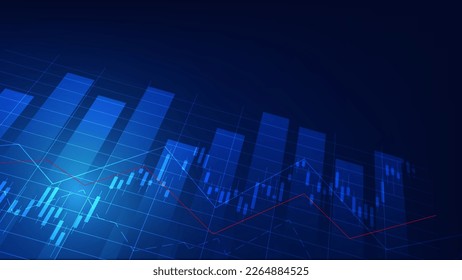 Financial business statistics with bar graph and candlestick chart show stock market price and effective earning on blue background