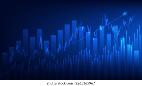 Financial business statistics with bar graph and candlestick chart show stock market price and effective earning on blue background