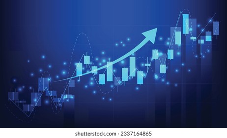 Financial business statistics with bar graph and candlestick chart show stock market price on dark background