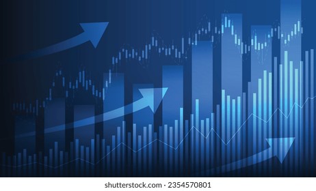 Financial business statistics with bar graph and candlestick chart show stock market price on dark blue background