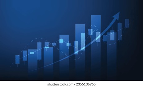 Financial business statistics with bar graph and candlestick chart show stock market price on dark blue background