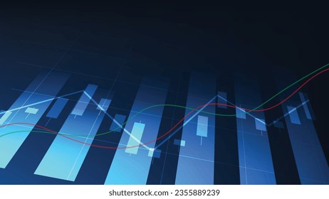 Financial business statistics with bar graph and candlestick chart show stock market price on dark blue background