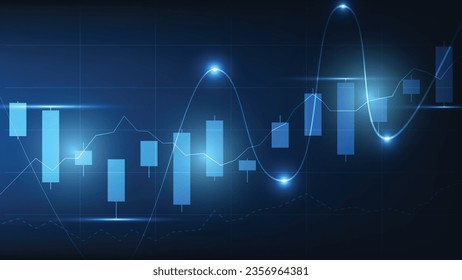 Financial business statistics with bar graph and candlestick chart show stock market price on dark blue background