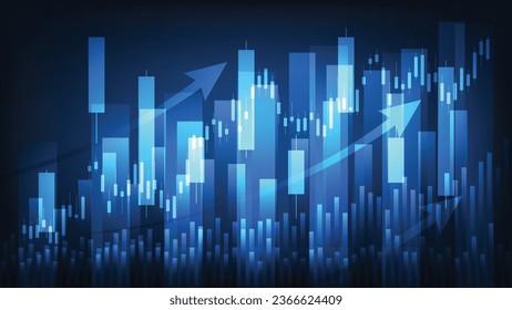 Financial business statistics with bar graph and candlestick chart show stock market price on dark blue background