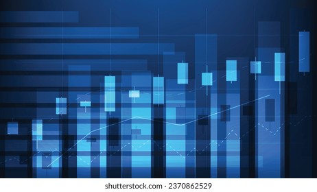 Financial business statistics with bar graph and candlestick chart show stock market price on dark blue background