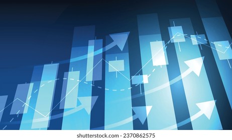 Finanzmarktstatistiken mit Balkendiagramm und Kerzenhalter-Diagramm zeigen den Börsenpreis auf dunkelblauem Hintergrund