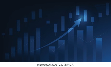 Finanzmarktstatistiken mit Balkendiagramm und Kerzenhalter-Diagramm zeigen den Börsenpreis auf dunkelblauem Hintergrund