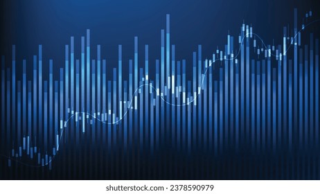 Financial business statistics with bar graph and candlestick chart show stock market price on dark blue background