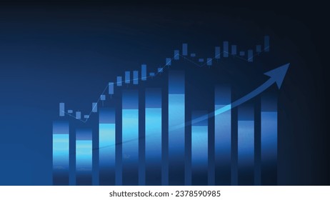 Financial business statistics with bar graph and candlestick chart show stock market price on dark blue background