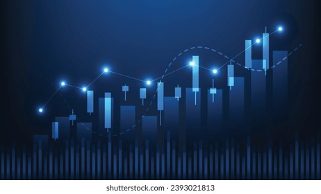 Financial business statistics with bar graph and candlesticks chart show stock market price on dark blue background