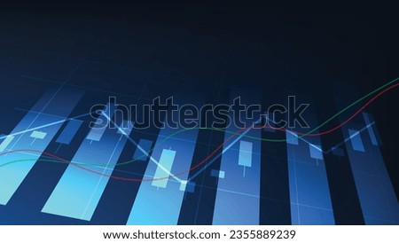 Financial business statistics with bar graph and candlestick chart show stock market price on dark blue background