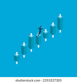 Financial business statistics. Businessman run on graphs and candlestick charts show stock market prices and earnings