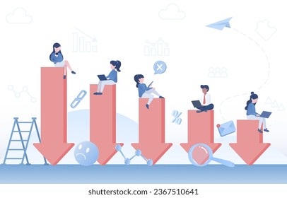 Financial business and stock market collapse concept. Investor or business people sitting on falling down bar graph market crash, bankruptcy, cost reduction and downward arrow. Vector illustration.