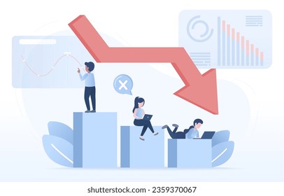 El concepto de colapso del mercado de negocios financieros y acciones. Análisis de inversionistas o empresarios disminuyendo gastos, flecha a la baja, bancarrota y caída en el gráfico de barras. Ilustración de diseño de vector plano.