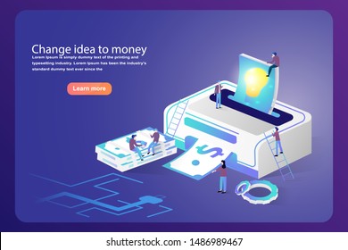 Financial and business strategy change idea to money. Isometric of human teamwork printout lamp idea to dollar banknote on blue background. Vector illustration website, templates, landing page design.