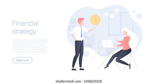 Financial business strategy flat vector illustration. Young businessman doing data analytics for company marketing solutions or successful performance. Budget accounting or statistics concept.
