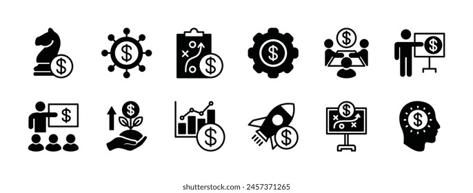 Financial business strategy icon set. Containing creativity, creative, teamwork, startup, thinking, discussion, meeting, education, growth graph, solution, connection. Vector illustration