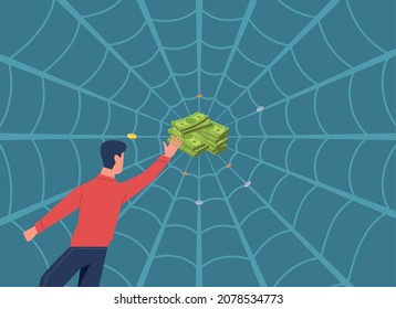 Financial Business Traps. Heap Of Banknotes In Cobwebs. Man Catched In Spider Web. Pitfall With Bait. Money Fraud. Commercial Trick. Businessman Greed And Covetousness. Vector Concept