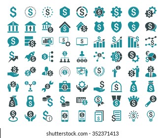 Financial business vector icon set. Style is bicolor flat symbols, soft blue colors, rounded angles, white background.
