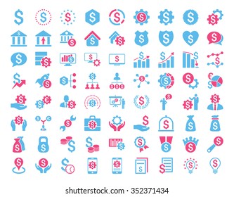 Financial business vector icon set. Style is bicolor flat symbols, pink and blue colors, rounded angles, white background.
